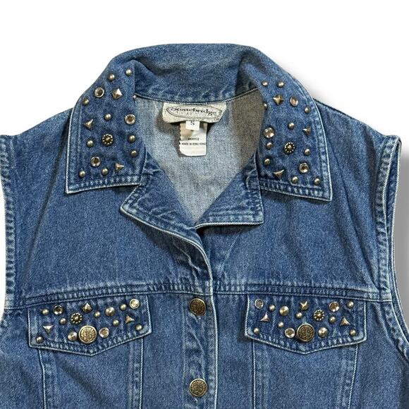 VTG Y2K Metal Studded Bedazzled Rhinestone Crop Blue Denim Jean Vest Size Small - Picture 6 of 11